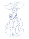  big_breasts breasts canine delphox female fox hand_on_breast holding_breast looking_at_viewer mammal monochrome nintendo pok&eacute;mon simple_background solo video_games white_background wouhlvenartworkshop 