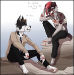  anthro blood canine clothed clothing compass_(artist) duo english_text fur girly hair male mammal sitting text 