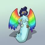  2017 anthro avian beak blue_hair breasts bridal_gauntlets clothing female hair navel nipples nude rainbow_wings ring solo tempestryder wings 