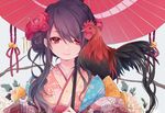  animal animal_on_shoulder bangs bell bird black_hair braid chicken chinese_zodiac closed_mouth commentary_request flower hair_between_eyes hair_bun hair_flower hair_ornament half-closed_eyes holding holding_umbrella japanese_clothes jingle_bell kimono kuroi_(liar-player) long_hair looking_at_viewer new_year oriental_umbrella original red_eyes red_flower rooster smile solo swept_bangs umbrella upper_body year_of_the_rooster yellow_kimono 