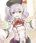  :d beret blue_eyes blush breasts buttons epaulettes frilled_sleeves frills gloves grey_eyes grey_skirt hat jacket kantai_collection kashima_(kantai_collection) large_breasts looking_at_viewer military military_uniform neckerchief open_mouth outstretched_arms pleated_skirt shovelwell sidelocks silver_hair skirt smile solo spread_arms twintails uniform upper_body wavy_hair white_gloves 