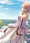  ahoge arm_support artoria_pendragon_(all) bad_id bad_pixiv_id bare_shoulders blue_eyes blue_sky breasts caliburn cleavage cloud day detached_collar detached_sleeves dress fate/grand_order fate/stay_night fate_(series) grass highres medium_breasts outdoors saber saber_lily sitting_on_ground sky solo wujia_xiaozi 
