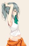  adjusting_hair aqua_hair armpits arms_up bangs bare_arms blush clothes_around_waist crop_top from_side grey_background groin kantai_collection long_hair midriff mouth_hold navel ponytail profile ribbon ribbon_in_mouth shiina_kuro simple_background solo tank_top tying_hair upper_body yellow_eyes yuubari_(kantai_collection) 