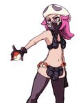  1girl alternate_costume dark_skin flat_chest jakuzure_nonon_(cosplay) kill_la_kill navel nude nudist_beach_uniform pink_eyes pink_hair pokeball pokemon pokemon_(game) pokemon_sm solo team_skull team_skull_grunt thighhighs 