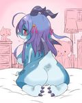  2015 bed bedroom blue_scales bojiku breasts butt countershading dragon embarrassed female hair half-closed_eyes horn inside kneeling long_hair looking_at_viewer looking_back nude on_bed plushie purple_hair pussy rear_view red_eyes scales solo 