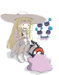  bag blonde_hair braid cosmog ditto dress duffel_bag gen_1_pokemon gen_7_pokemon gonzarez hat lillie_(pokemon) long_hair open_mouth pokemon pokemon_(creature) pokemon_(game) pokemon_sm simple_background sleeveless sleeveless_dress squatting sun_hat twin_braids white_background white_dress white_hat 