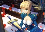  ahoge artoria_pendragon_(all) avalon_(fate/stay_night) breasts canzhajiang checkered checkered_floor cleavage cleavage_cutout excalibur fate/stay_night fate_(series) flower green_eyes highres kneeling medium_breasts petals rose saber solo tile_floor tiles 