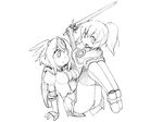  2girls camel_(dansen) cecil_(mon-musu_quest!) female minarai_(milia_wars) mon-musu_quest! monochrome multiple_girls open_mouth original panties ponytail sword weapon 