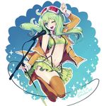  2016 :d ;) ;d alternate_costume arm_up blush_stickers breasts dated frilled_skirt frills full_body goggles goggles_on_head green_eyes green_hair gumi jacket manbou_no_ane megpoid_(vocaloid3) microphone navel off_shoulder one_eye_closed open_clothes open_jacket open_mouth orange_legwear short_hair skirt small_breasts smile suspender_skirt suspenders thighhighs twitter_username underboob vocaloid 