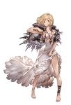  ankle_lace-up assassin_(granblue_fantasy) barefoot blonde_hair breasts brown_eyes capelet cross-laced_footwear dagger djeeta_(granblue_fantasy) dress full_body granblue_fantasy holding holding_weapon long_dress looking_at_viewer medium_breasts minaba_hideo official_art serious short_hair sideboob skirt_hold solo standing transparent_background weapon 