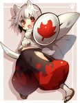  :o animal_ears bangs blush border dutch_angle eyebrows eyebrows_visible_through_hair fang full_body highres hip_vent inubashiri_momiji long_sleeves looking_at_viewer midriff no_hat no_headwear open_mouth pants paw_print pom_pom_(clothes) red_eyes sandals shadow shield shirt short_hair socks solo sword tail touhou turtleneck usamata weapon white_border white_hair white_legwear wide_sleeves wolf_ears wolf_tail 