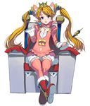  :p blonde_hair boots breasts candy cape cleavage crossed_legs crown dress food full_body highres lollipop long_hair looking_at_viewer masao navel original pink_legwear red_footwear sitting small_breasts solo thighhighs throne tongue tongue_out twintails very_long_hair wand white_background 