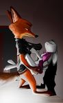  2017 against_wall anthro bottomless butt butt_grab canine carrying clothed clothing disney eyes_closed female flat_chested fox green_eyes half-closed_eyes hand_on_butt inside judy_hopps lagomorph male mammal nick_wilde open_shirt rabbit sex stand_and_carry_position standing thewyvernsweaver torn_clothing zootopia 