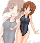 absurdres brown_eyes brown_hair competition_swimsuit cross getsumen_suibaku_ver._a(c) girls_und_panzer grey_swimsuit highleg highleg_swimsuit highres looking_at_viewer nishizumi_miho one-piece_swimsuit open_mouth outstretched_arms outstretched_wrists short_hair solo spread_arms swimsuit twitter_username zoom_layer 