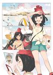  1girl andrian_gilang bag baseball_cap beanie black_eyes black_hair boat closed_eyes comic day from_side gen_3_pokemon green_shorts grin handbag hat highres kukui_(pokemon) mizuki_(pokemon) ocean open_mouth pelipper pokemon pokemon_(creature) pokemon_(game) pokemon_sm red_hat shirt short_hair short_sleeves shorts sky smile sunglasses tied_shirt water watercraft wingull 