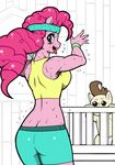  anthro anthrofied blush butt clothing equine exersise female franschesco_(artist) friendship_is_magic hair looking_back mammal my_little_pony pinkie_pie_(mlp) pound_cake_(mlp) smile sweat 