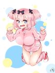  1girl blue_eyes blush bow breasts chiyori_(soleilandiris) full_body hair_bow hibari_(senran_kagura) highres impossible_clothes jacket jumping large_breasts looking_at_viewer open_mouth pink_hair senran_kagura senran_kagura_shoujo-tachi_no_shin'ei short_hair short_twintails smile solo symbol-shaped_pupils thigh_gap track_jacket twintails 