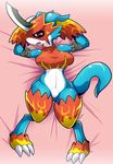  2017 anthro anthrofied armor bed breasts clothing digimon female flamedramon hands_behind_head invalid_tag navel open_mouth pose red_eyes snappygrey solo teeth 