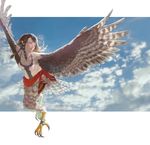  bird_tail blue_sky brown_hair claws closed_mouth cloud cloudy_sky commentary day earrings feathers flying harpy highres jewelry long_hair monster_girl original sky smile solo spread_wings tail tunapon01 wings yellow_eyes 