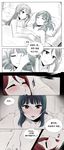  blanket blue_hair blush bung closed_eyes comic highres korean long_hair looking_at_another love_live! love_live!_sunshine!! multiple_girls nude partially_colored pillow red_hair sakurauchi_riko sleeping smile sweat tears tongue tongue_out translation_request tsushima_yoshiko under_covers yuri 