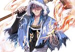  blue_hair cape cu_chulainn_(fate/grand_order) earrings fate/grand_order fate/stay_night fate_(series) fire fur_trim hood impossible_clothes impossible_shirt jewelry lancer long_hair male_focus red_eyes runes shirt simple_background smoke solo weapon white_background 