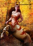  breasts centaur equine equine_taur female forest fur hooves horn looking_at_viewer mammal on_hind_legs solo taur thescarletartist tree 