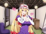  absurdres bangs blonde_hair blurry blurry_background blush breasts ceiling_light choker cleavage commentary_request dress elbow_gloves gloves hair_ribbon hat hat_ribbon highres index_finger_raised indoors koi_dance kyoukyan large_breasts long_hair looking_at_viewer mob_cap multi-tied_hair neck_ribbon puffy_short_sleeves puffy_sleeves purple_dress purple_eyes reflective_eyes ribbon ribbon_choker shelf shiny shiny_hair short_sleeves sidelocks solo tatami touhou tress_ribbon upper_body very_long_hair white_gloves yakumo_yukari 