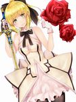  artoria_pendragon_(all) bare_shoulders black_ribbon blonde_hair blush breasts caliburn cleavage detached_collar fate/grand_order fate_(series) flower gloves green_eyes hair_ribbon highres maria_(maria0304) medium_breasts pantyhose ribbon rose saber_lily smile solo white_gloves 