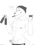  alcohol anthro balls beanie beverage cigarette clothed clothing english_text erection hat male mammal monochrome muscular mustelid otter pants_down partially_clothed partially_retracted_foreskin penis precum repzzmonster smile solo text uncut 