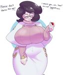  1girl ^_^ breasts english eyes_closed glasses huge_breasts lips long_sleeves pink_lips poke_ball pokemon pokemon_(game) pokemon_sm purple_hair short_hair skirt smile solo sprite37 sweater teeth text turtleneck wicke_(pokemon) wide_hips 