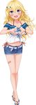  bandaid_on_leg belt bikini bikini_under_clothes blonde_hair blue_eyes breasts cleavage cutoffs denim denim_shorts full_body hair_ornament hairclip halter_top halterneck heart heart_hands idol_incidents long_hair looking_at_viewer medium_breasts midriff momoi_ume navel open_mouth round_teeth sandals short_shorts shorts side-tie_bikini simple_background solo swimsuit teeth tiv white_background 