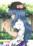  blue_hair bush dress dress_shirt food food_on_head from_side fruit fruit_on_head hat hinanawi_tenshi layered_dress long_hair looking_at_viewer monosenbei object_on_head outdoors peach profile puffy_short_sleeves puffy_sleeves red_eyes sash shirt short_sleeves solo touhou tree very_long_hair 