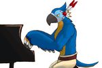  anthro avian beak belt bird blue_feathers breath_of_the_wild clothed clothing facial_markings feathers invalid_tag kass_(zelda) macaw male markings multicolored_feathers muscular muscular_male musical_instrument nintendo parrot piano sitting the_legend_of_zelda topless unclear_asdf video_games wings 