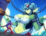  angry ass back blue_hair blue_sky breasts chain cleavage clenched_teeth cloud cuffs day earrings forehead_jewel from_behind gem giantess giga_mermaid green_skin hair_ornament harem_pants head_fins highres hoop_earrings huge_breasts jewelry jmg long_hair mermaid midriff monster_girl multiple_girls navel outdoors pants partially_submerged pointy_ears ponytail purple_hair red_eyes restrained shantae:_half-genie_hero shantae_(character) shantae_(series) shell shell_bikini size_difference sky sparkle stomach teeth vambraces water 