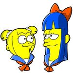  :3 bangs bkub blunt_bangs bow face-to-face hair_bow long_hair lowres matt_groening_(style) multiple_girls parody pipimi poptepipic popuko sailor_collar short_twintails simple_background style_parody the_simpsons twintails white_background 