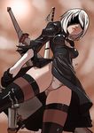  1girl artist_name breasts covered_eyes dress female nier_(series) nier_automata short_hair standing sword traditional_media weapon yorha_unit_no._2_type_b 