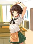  akiyama_yukari apron arms_up bangs blouse blush_stickers bracelet brown_eyes brown_hair chair commentary cowboy_shot girls_und_panzer green_skirt ikomochi indoors jewelry looking_at_viewer messy_hair miniskirt neckerchief one_eye_closed ooarai_school_uniform parted_lips pleated_skirt school_uniform serafuku short_hair short_sleeves skirt solo standing stretch waist_apron white_blouse 