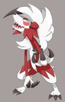  fangs full_body furry gen_7_pokemon highres lycanroc no_humans pokemon pokemon_(creature) pokemon_(game) pokemon_sm red_eyes red_fur white_fur wolf 