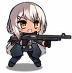  :d animated animated_gif chibi full_body girls_frontline gun hair_ornament hairclip lowres mossberg_m590_(girls_frontline) official_art open_mouth pump_action saru shotgun silver_hair smile weapon yellow_eyes 