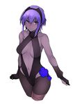  bandaged_leg bandages bare_shoulders black_gloves black_hairband black_legwear black_skin breasts center_opening cropped_legs fate/grand_order fate/prototype fate/prototype:_fragments_of_blue_and_silver fate_(series) flower gloves hair_between_eyes hairband hassan_of_serenity_(fate) kurowa leotard medium_breasts navel pantyhose purple_eyes purple_hair short_hair simple_background smile solo turtleneck white_background 