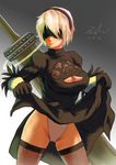 1girl blonde_hair breasts cameltoe cleavage cleavage_cutout covered_eyes dated dress female hairband large_breasts nier_(series) nier_automata short_hair solo standing sword weapon yorha_unit_no._2_type_b 