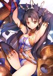  armpits arms_up bare_shoulders black_hair breasts cleavage commentary_request earrings fate/grand_order fate_(series) heavenly_boat_maanna highres hoop_earrings ishtar_(fate/grand_order) jewelry long_hair long_legs looking_at_viewer md5_mismatch medium_breasts red_eyes single_thighhigh smile solo thighhighs tsuki_suigetsu two_side_up 