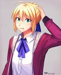  ahoge alternate_costume artoria_pendragon_(all) blonde_hair crying fate_(series) flying_sweatdrops green_eyes grey_background hand_on_own_head jacket saber solo tears yip 