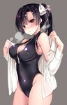  black_hair blush breasts brown_eyes cleavage cleavage_cutout front_zipper_swimsuit highres kamino_saori large_breasts long_hair looking_at_viewer meme_attire one-piece_swimsuit open_clothes open_mouth original ponytail sanshoku_amido shiny shiny_clothes shiny_skin side_ponytail simple_background solo swimsuit unzipped zipper 