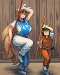  :3 adapted_costume animal_ears bangs blonde_hair breasts brown_hair cat_ears cat_tail chanta_(ayatakaoisii) chen earrings fox_tail green_hat hair_between_eyes hat height_difference highres jewelry large_breasts looking_at_another looking_down looking_up multiple_girls multiple_tails outdoors pants pillow_hat polearm red_pants red_vest shirt short_sleeves standing standing_on_one_leg tabard tail thighs touhou training two_tails vest weapon white_legwear white_pants white_shirt wooden_wall yakumo_ran 