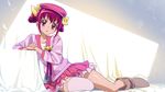  :o bed blush boots bow cardigan casual double_bun feathers full_body hair_bow hat hoshizora_miyuki leaning long_sleeves open_mouth pink_vest precure purple_eyes short_hair single_thighhigh skirt smile_precure! solo thighhighs tonbi vest white_background 