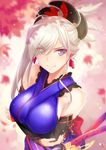  &gt;:) autumn_leaves bare_shoulders blurry blush breast_hold breasts closed_mouth commentary crossed_arms depth_of_field detached_sleeves earrings fate/grand_order fate_(series) hair_ornament japanese_clothes jewelry kimono large_breasts looking_at_viewer miyamoto_musashi_(fate/grand_order) okitakung ponytail purple_eyes silver_hair smile solo upper_body v-shaped_eyebrows 
