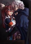  blush cloak closed_eyes commentary_request embarrassed fire_emblem fire_emblem_if hug japanese_clothes lilly0723euro long_hair male_focus multiple_boys ponytail protected_link red_hair silver_hair tsubaki_(fire_emblem_if) yaoi zero_(fire_emblem_if) 