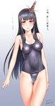  2017 :d artist_name bad_id bad_pixiv_id black_hair blush breasts brown_eyes cameltoe covered_navel dated fusou_(kantai_collection) kantai_collection kanzaki_muyu long_hair looking_at_viewer medium_breasts one-piece_swimsuit open_mouth school_swimsuit smile solo standing sweatdrop swimsuit taut_clothes taut_swimsuit translation_request undersized_clothes 