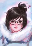  black-framed_eyewear blue_background brown_eyes brown_hair fur_trim glasses hair_bun hair_ornament hair_stick highres jang_ju_hyeon lips looking_at_viewer mei_(overwatch) nose overwatch parted_lips pink_lips portrait realistic short_hair simple_background snowing solo 
